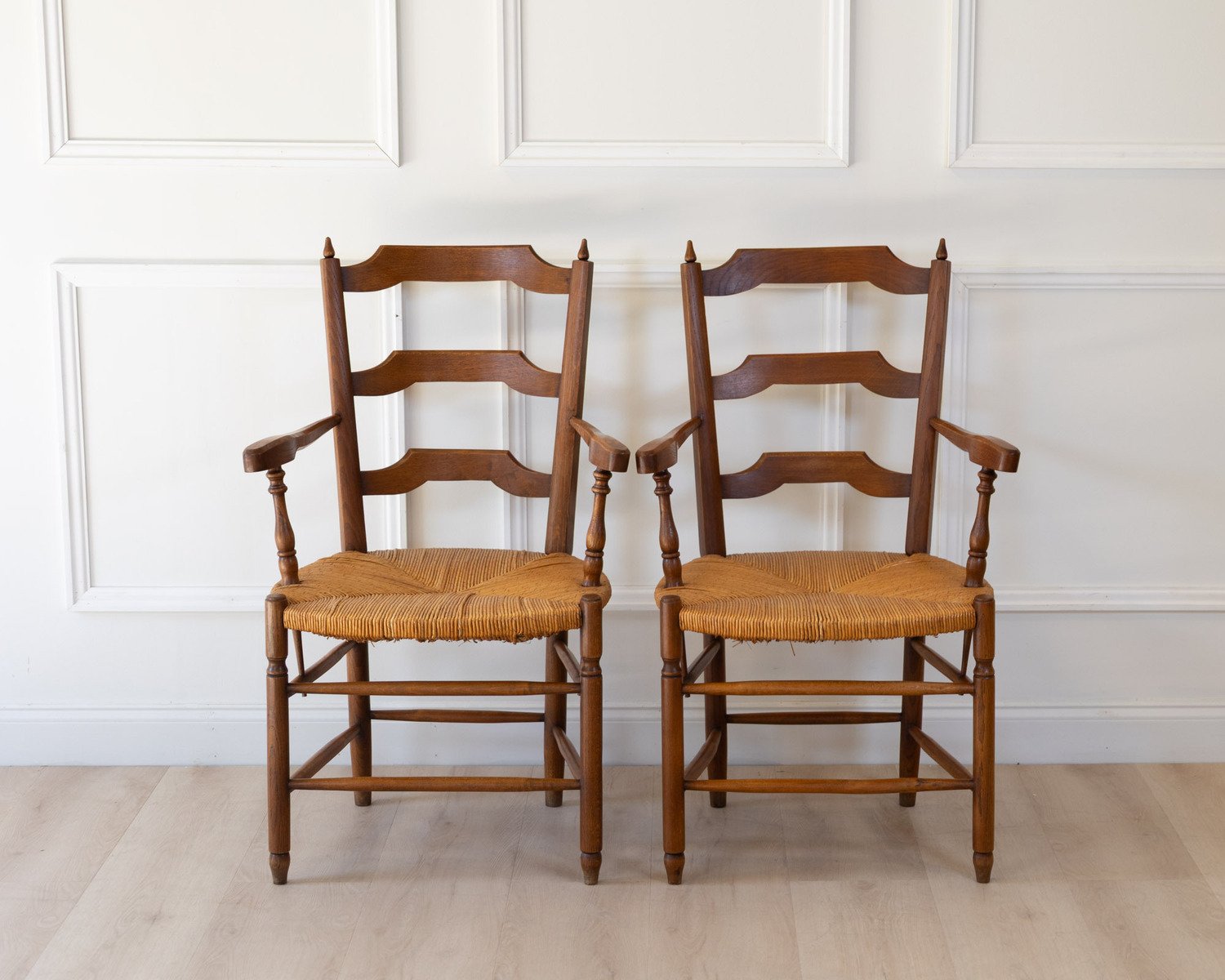 Pair of Provencal Style Oak Armchairs with Straw Seats - JAA