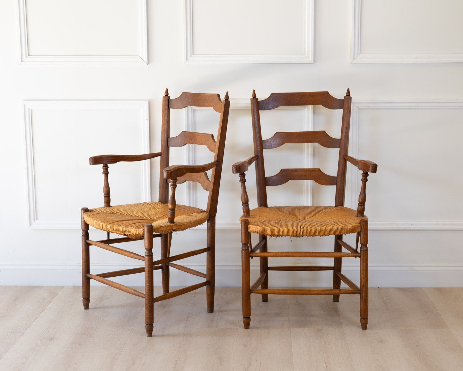 Pair of Provencal Style Oak Armchairs with Straw Seats - JAA