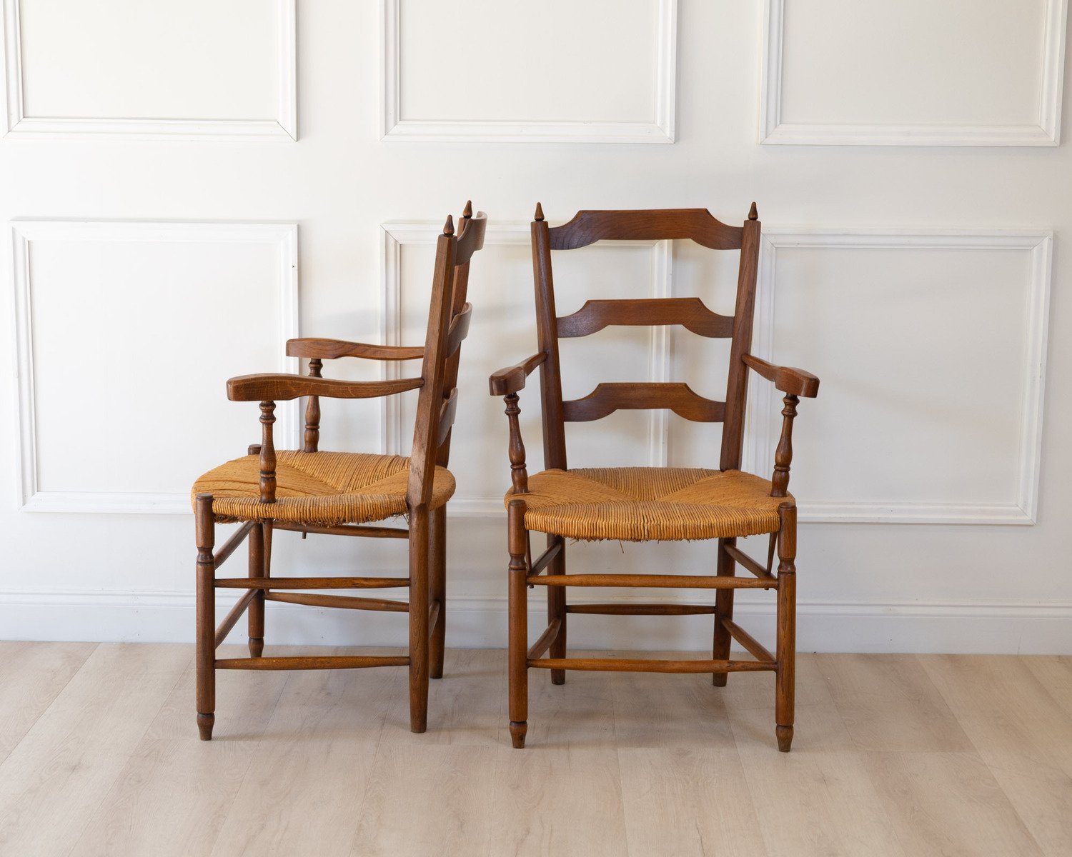Pair of Provencal Style Oak Armchairs with Straw Seats - JAA