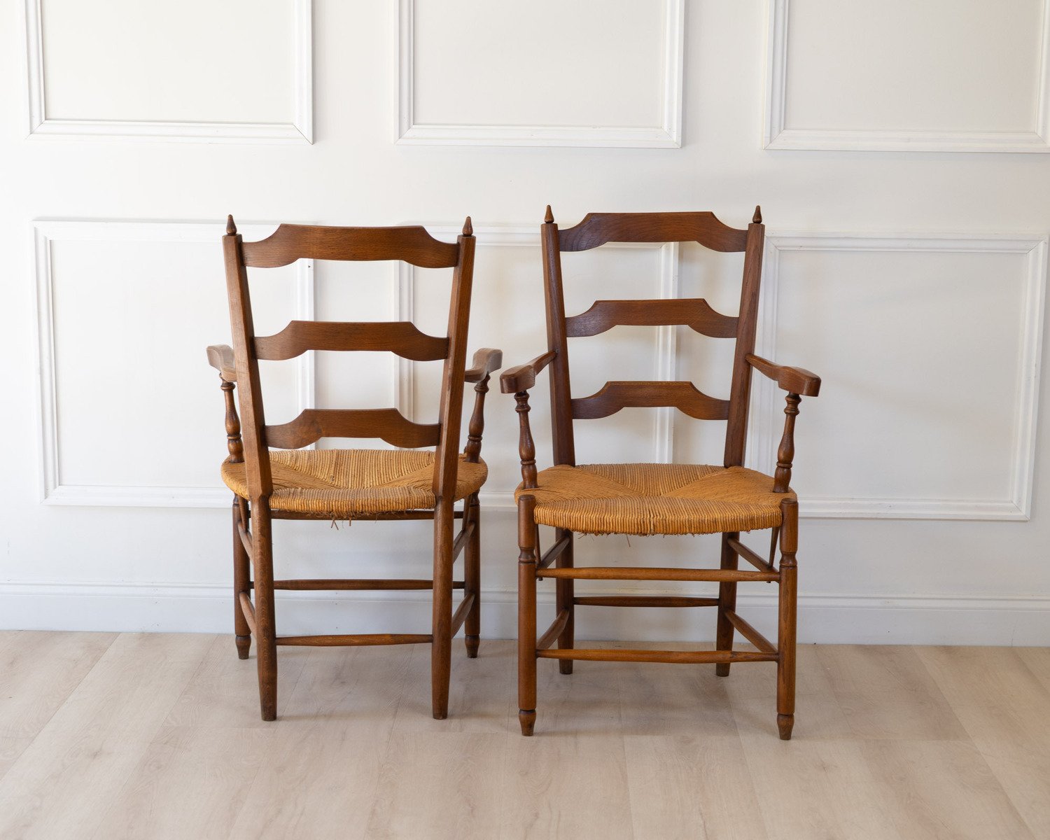 Pair of Provencal Style Oak Armchairs with Straw Seats - JAA