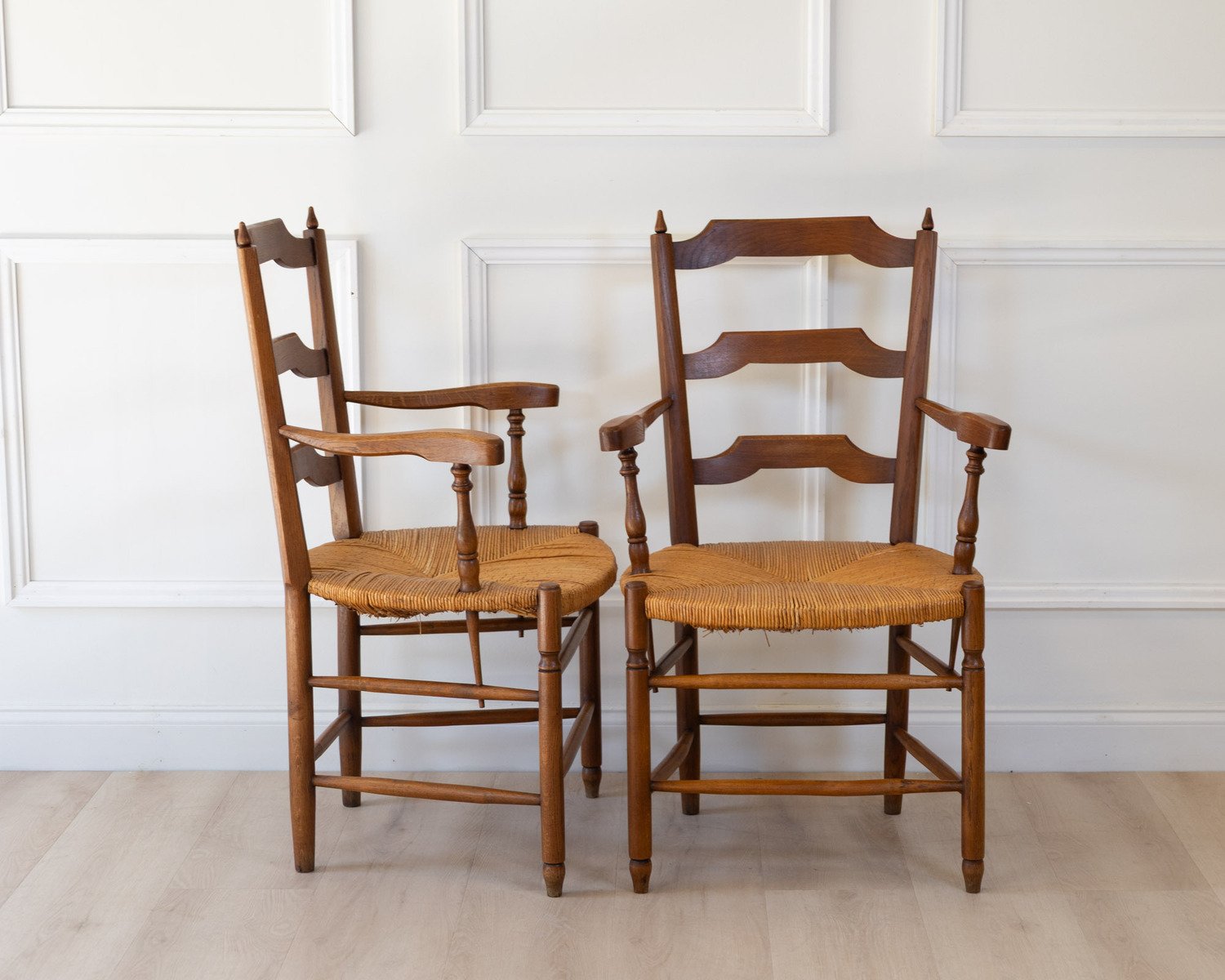 Pair of Provencal Style Oak Armchairs with Straw Seats - JAA