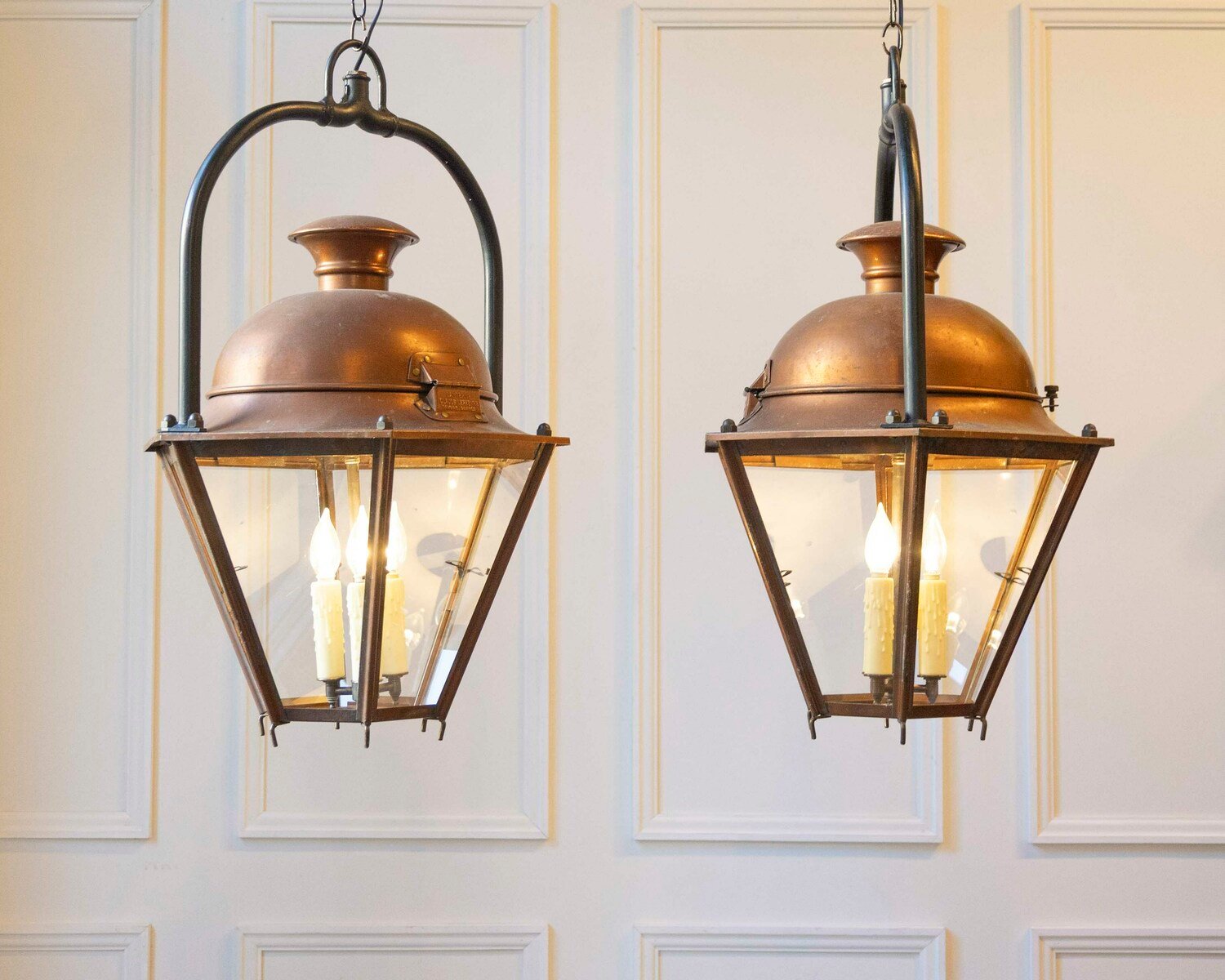 On Hold - Pair of Early 20th-Century French Copper and Iron Hanging Lanterns - JAA