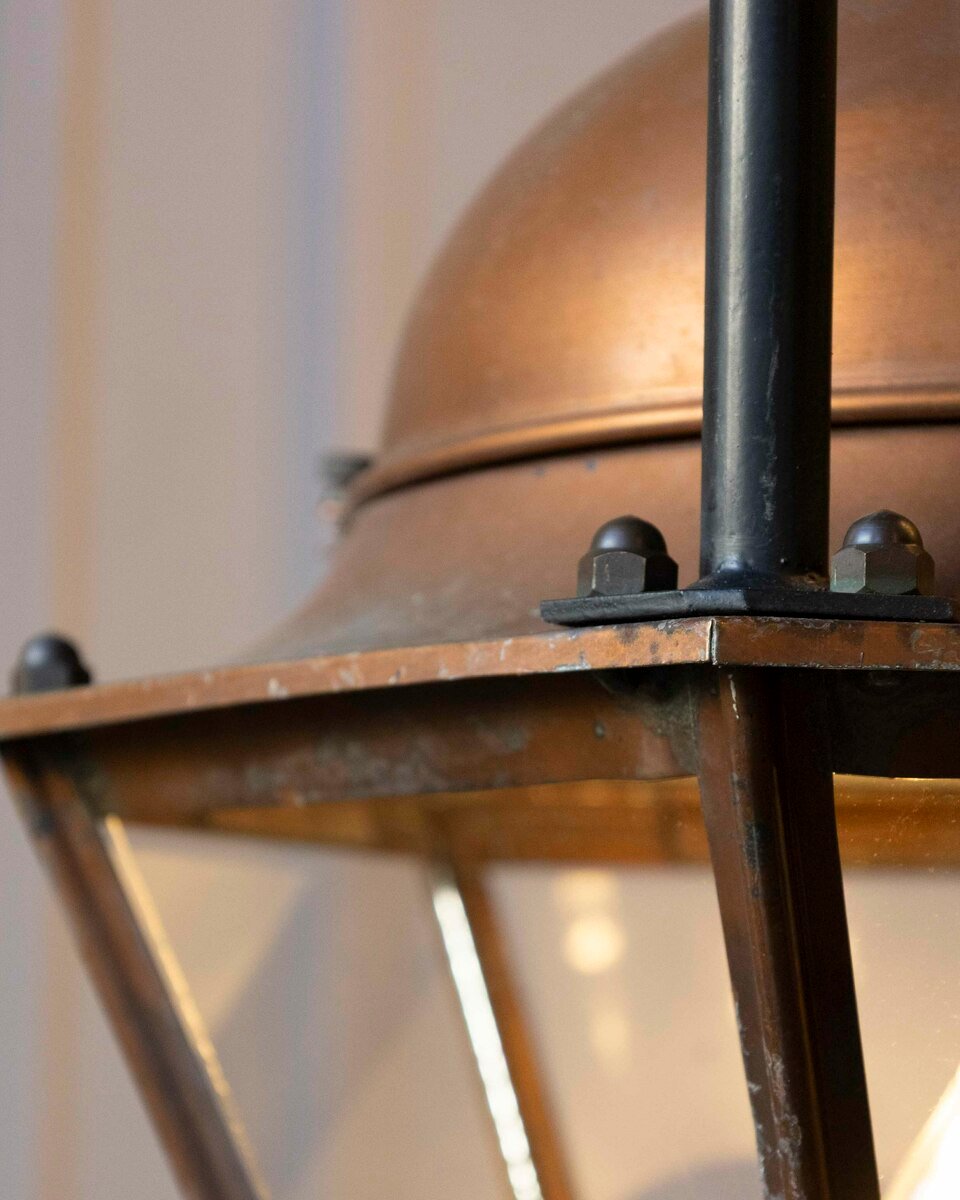 On Hold - Pair of Early 20th-Century French Copper and Iron Hanging Lanterns - JAA
