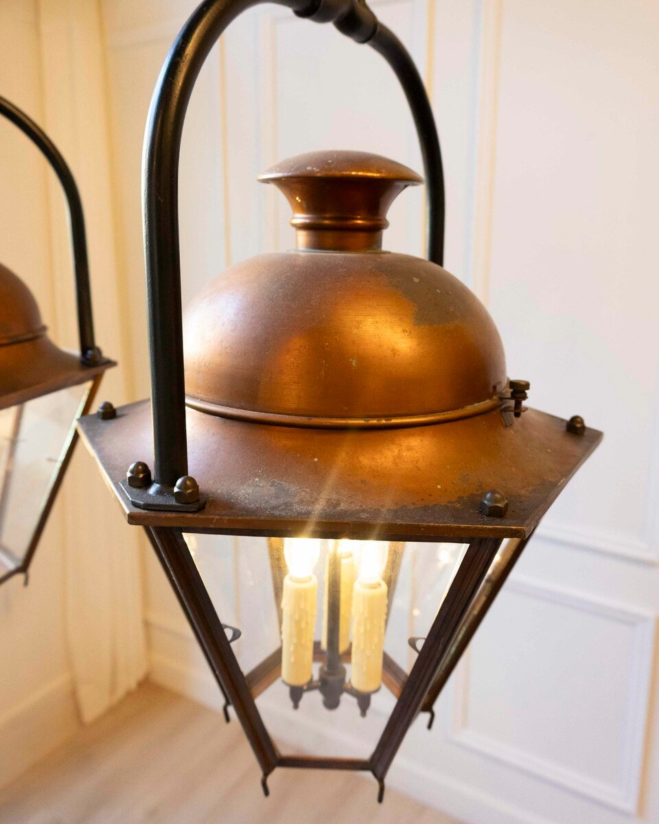 On Hold - Pair of Early 20th-Century French Copper and Iron Hanging Lanterns - JAA