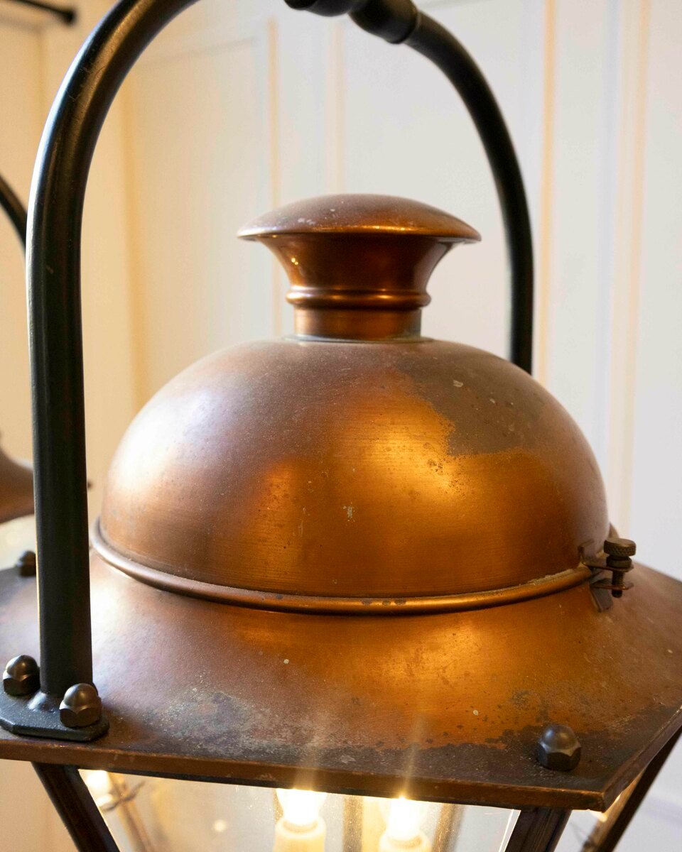 On Hold - Pair of Early 20th-Century French Copper and Iron Hanging Lanterns - JAA