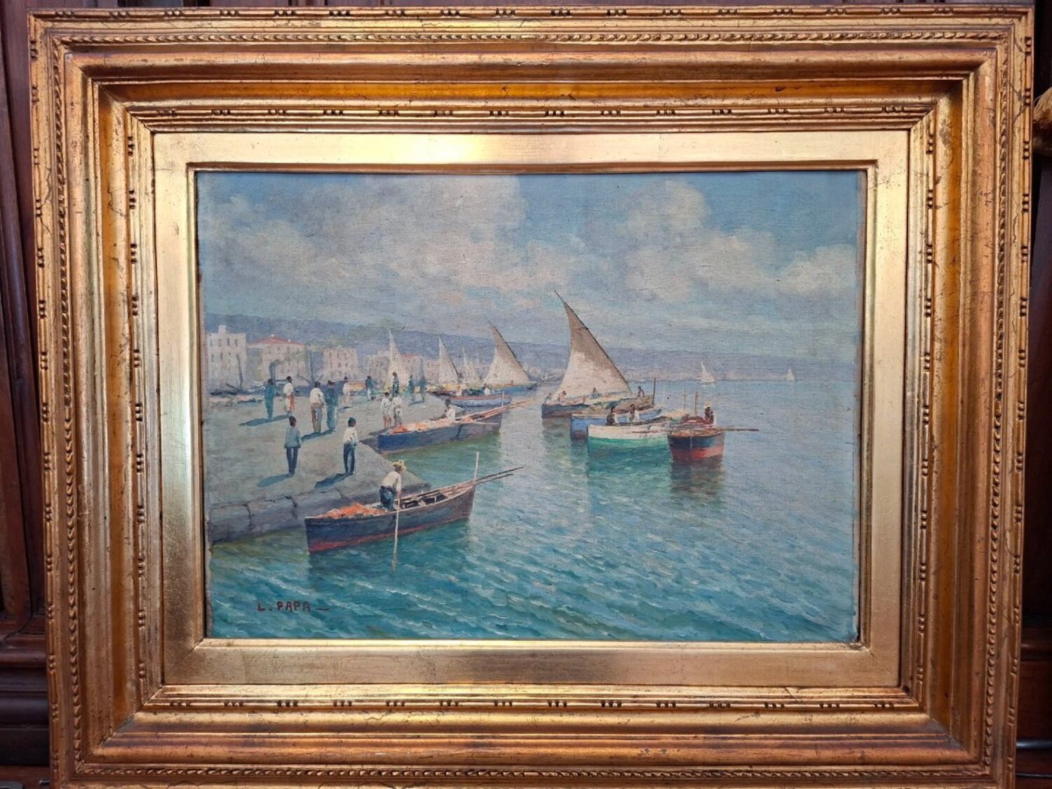 Neapolitan Marina with Sailboats, Oil on Canvas, Early 20th Century - JAA