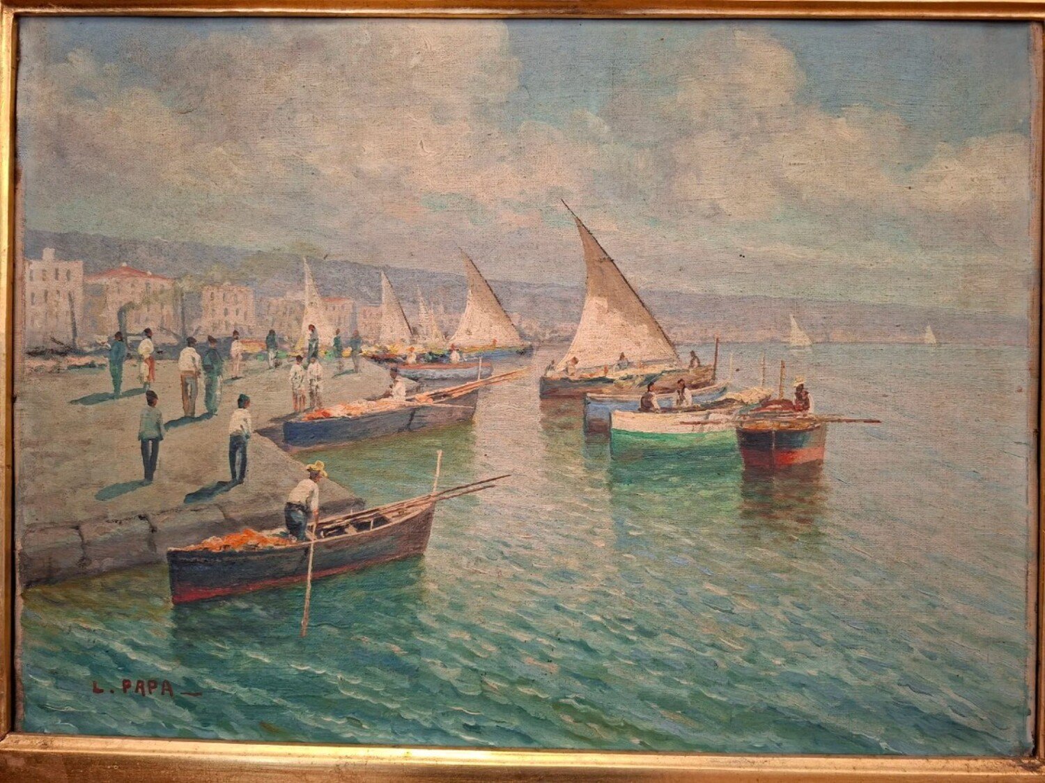 Neapolitan Marina with Sailboats, Oil on Canvas, Early 20th Century - JAA