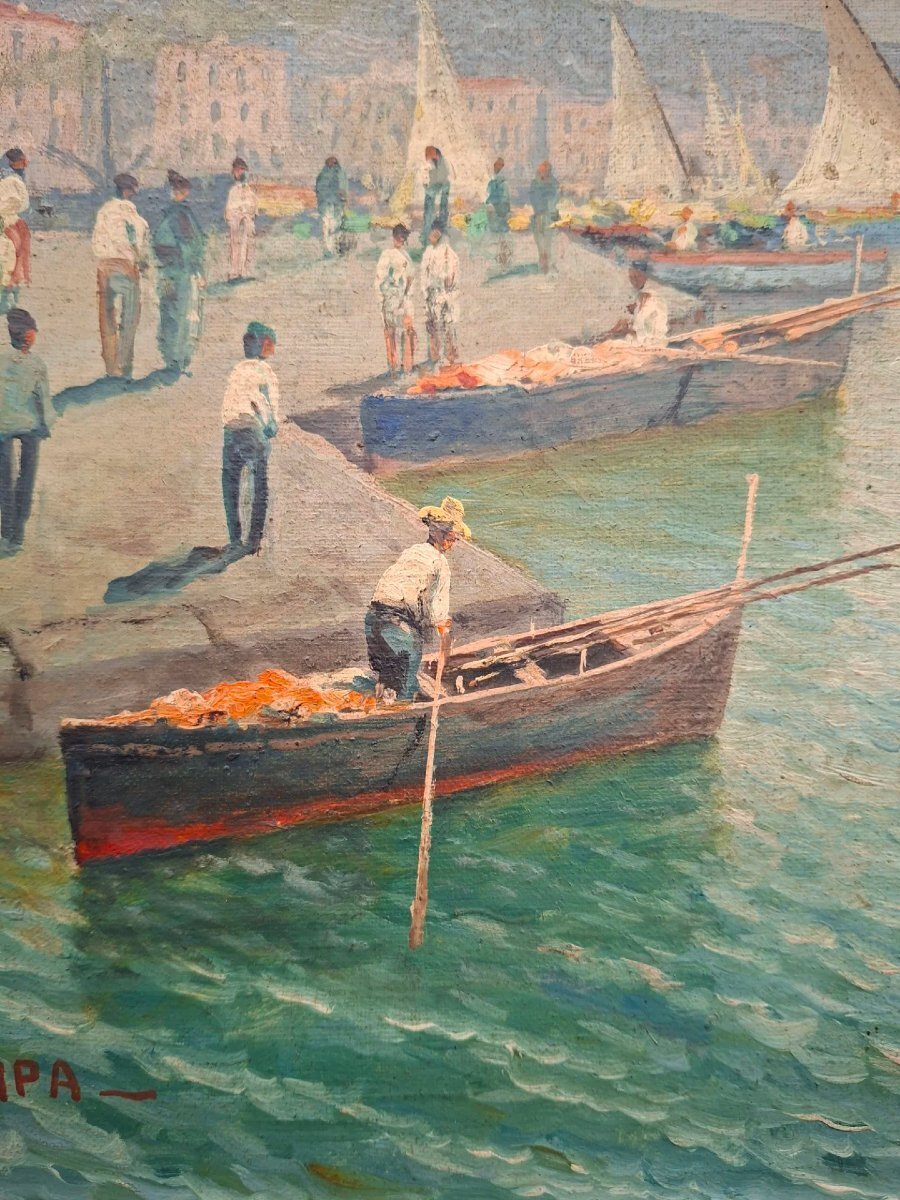Neapolitan Marina with Sailboats, Oil on Canvas, Early 20th Century - JAA