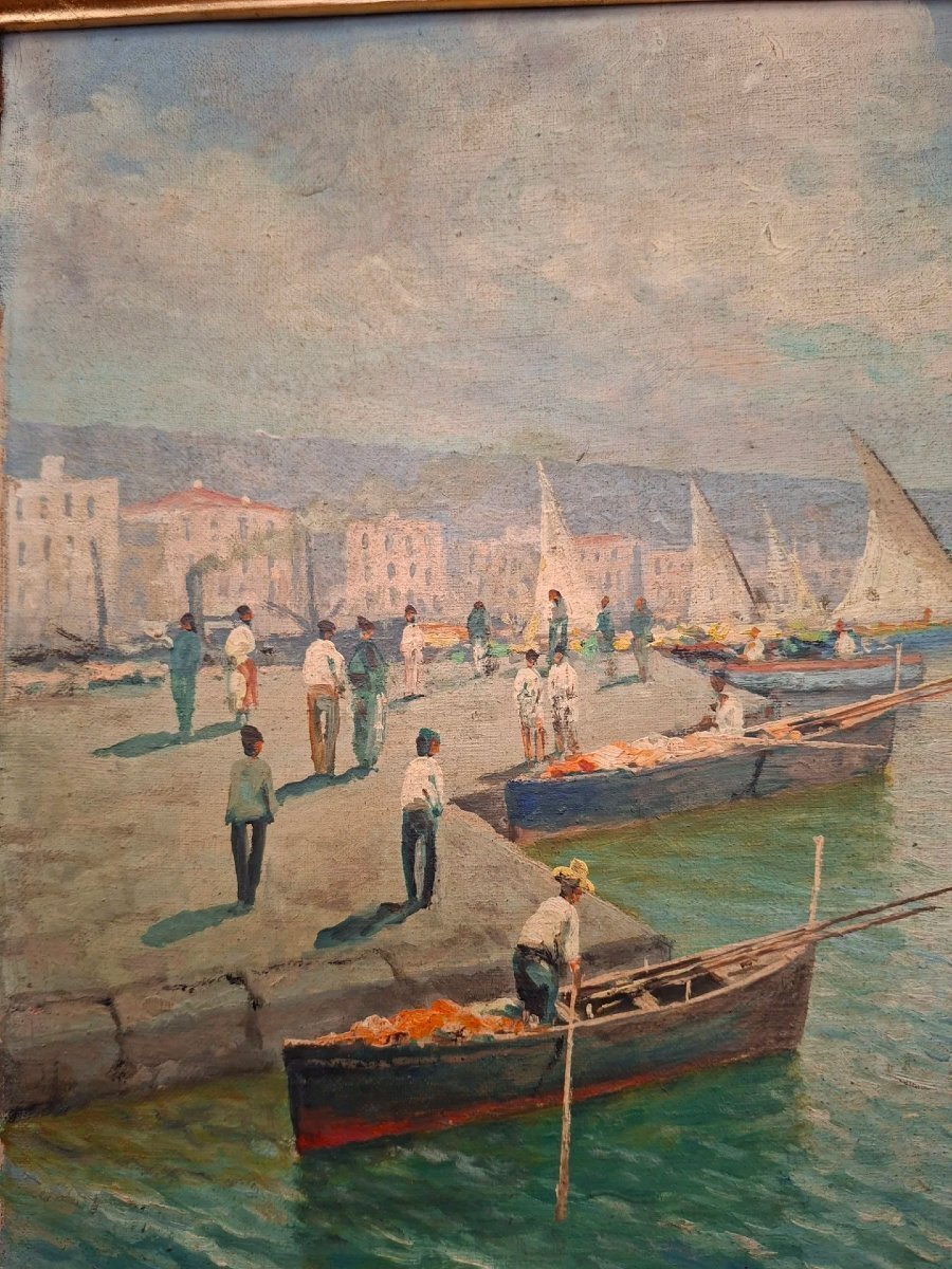 Neapolitan Marina with Sailboats, Oil on Canvas, Early 20th Century - JAA