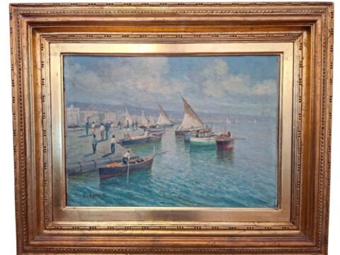Neapolitan Marina with Sailboats, Oil on Canvas, Early 20th Century