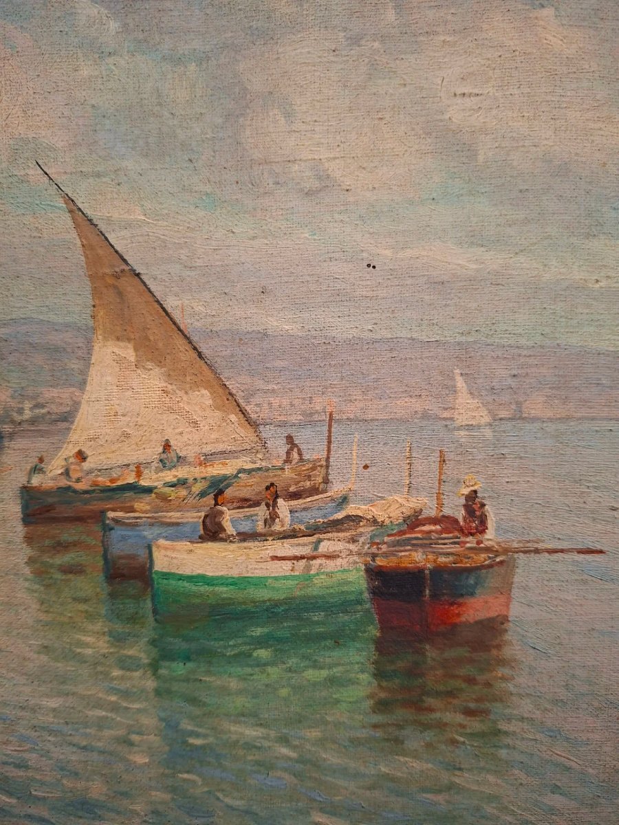Neapolitan Marina with Sailboats, Oil on Canvas, Early 20th Century - JAA