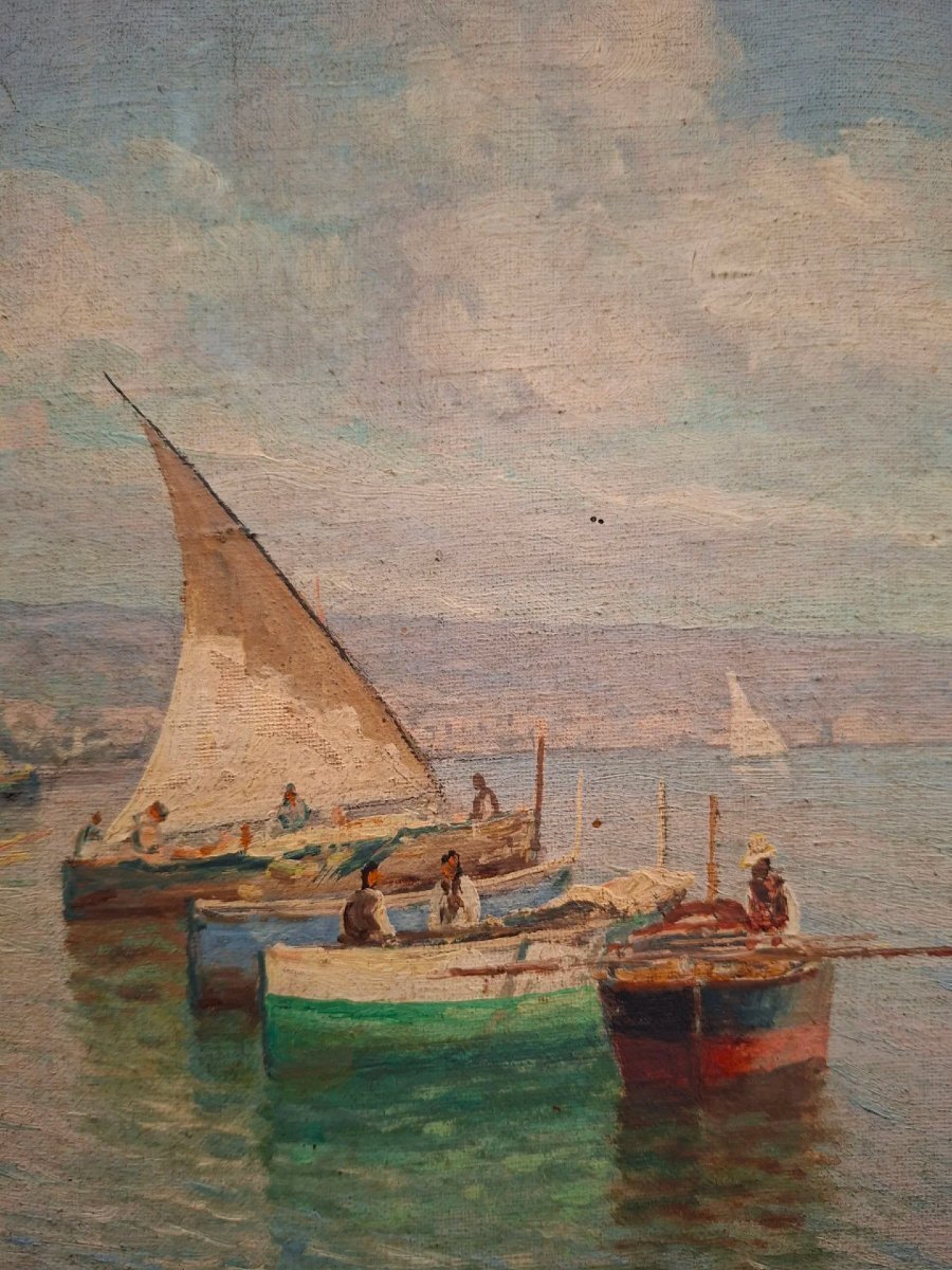 Neapolitan Marina with Sailboats, Oil on Canvas, Early 20th Century - JAA