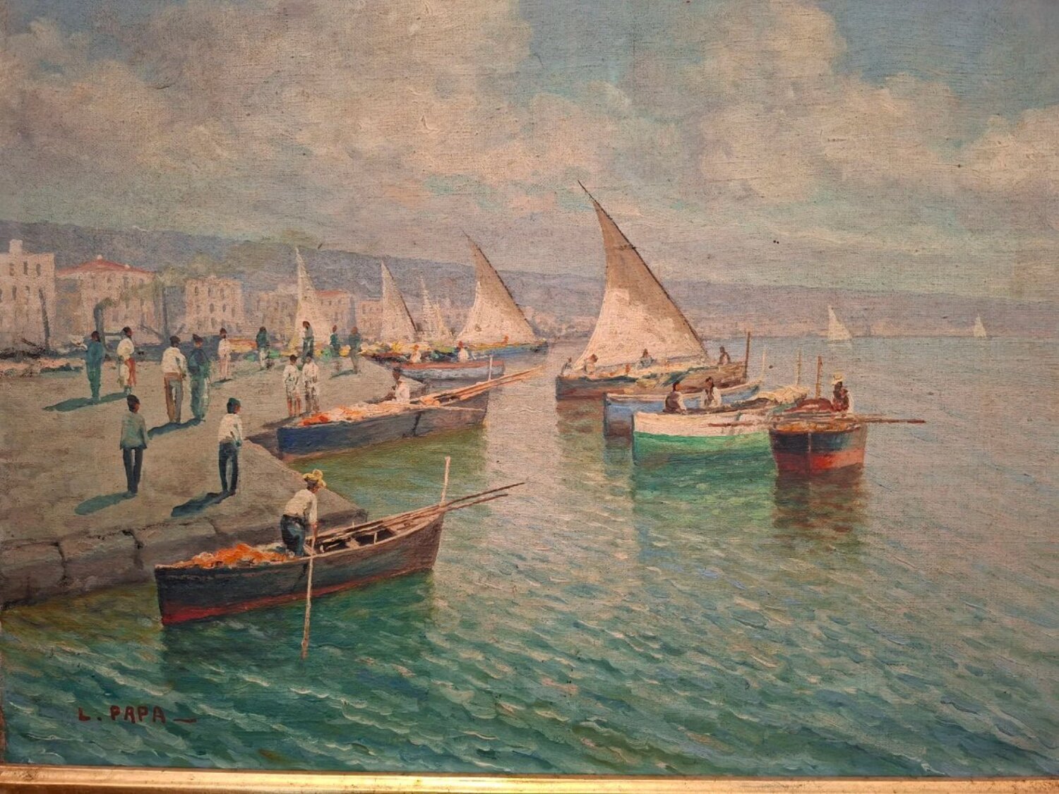 Neapolitan Marina with Sailboats, Oil on Canvas, Early 20th Century - JAA