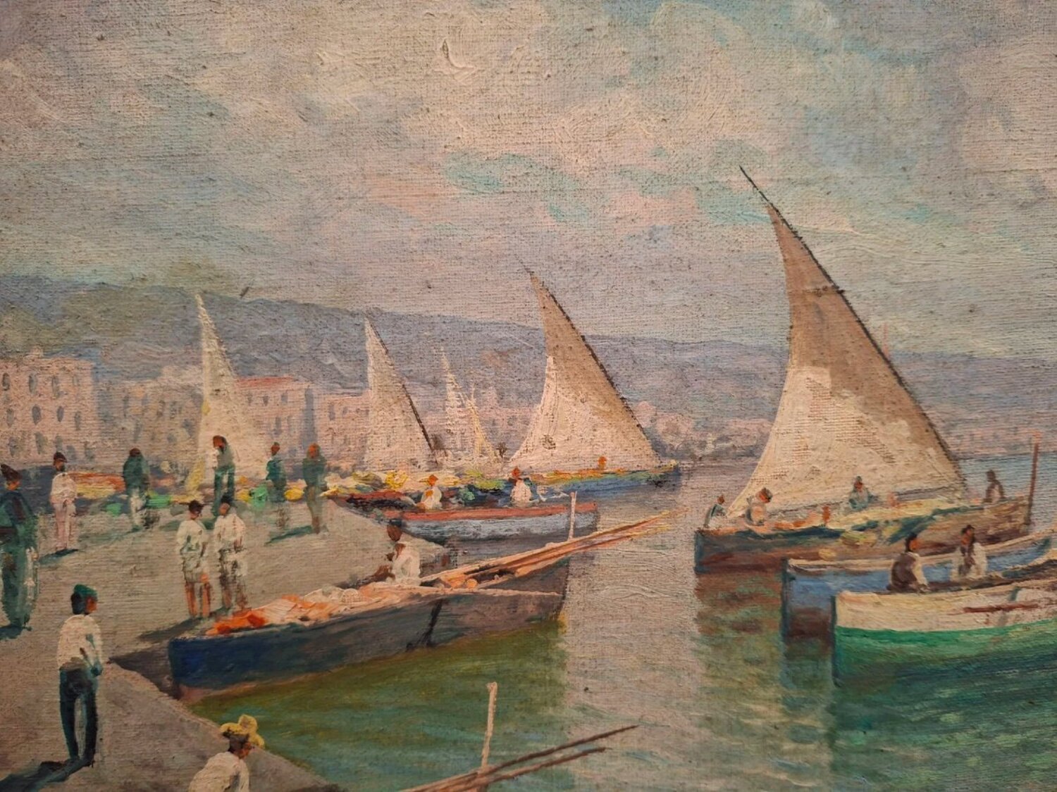 Neapolitan Marina with Sailboats, Oil on Canvas, Early 20th Century - JAA