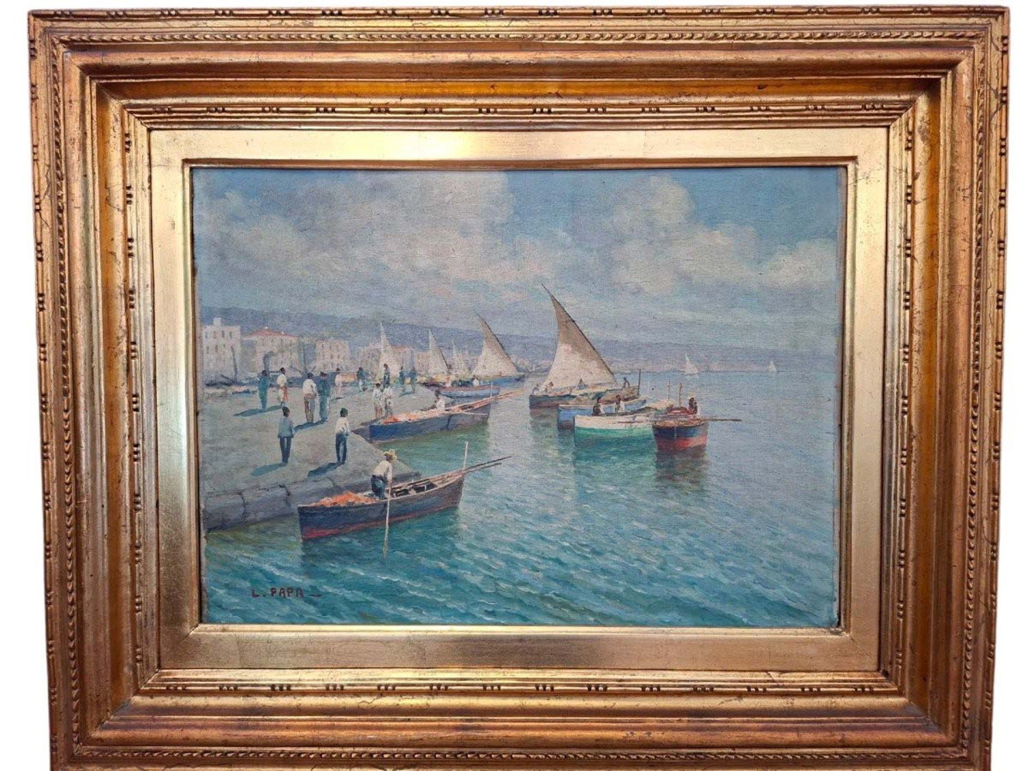Neapolitan Marina with Sailboats, Oil on Canvas, Early 20th Century - JAA