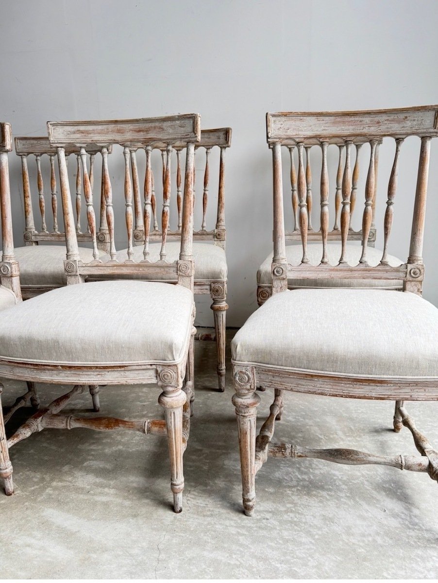 Set of Eight Swedish Gustavian Spindle-Back Chairs in Original Scraped Paint - JAA