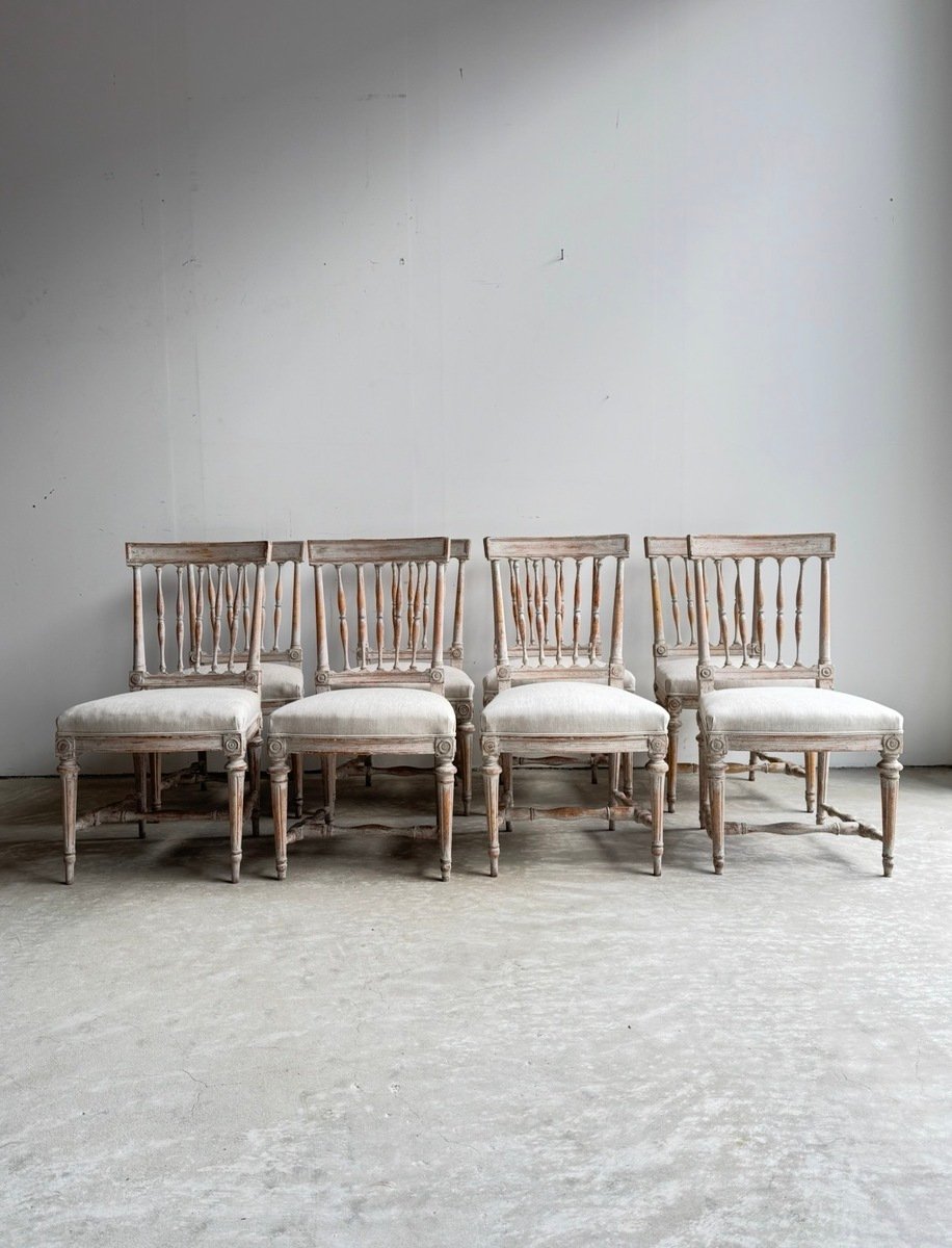 Set of Eight Swedish Gustavian Spindle-Back Chairs in Original Scraped Paint - JAA