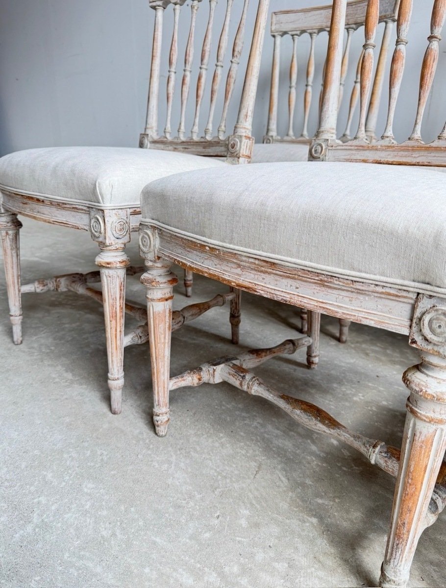 Set of Eight Swedish Gustavian Spindle-Back Chairs in Original Scraped Paint - JAA