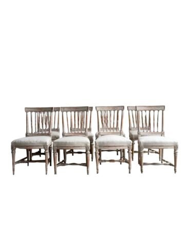 Set of Eight Swedish Gustavian Spindle-Back Chairs in Original Scraped Paint