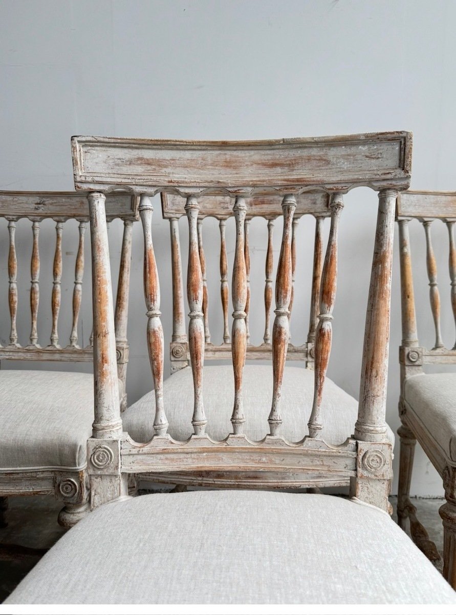 Set of Eight Swedish Gustavian Spindle-Back Chairs in Original Scraped Paint - JAA