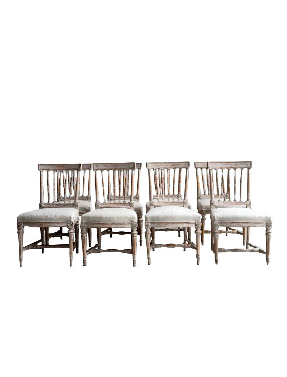 Set of Eight Swedish Gustavian Spindle-Back Chairs in Original Scraped Paint - JAA