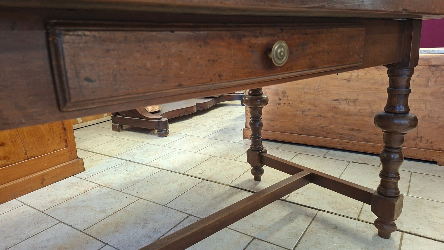 Italian Walnut Table with Turned Legs and Stretcher - JAA