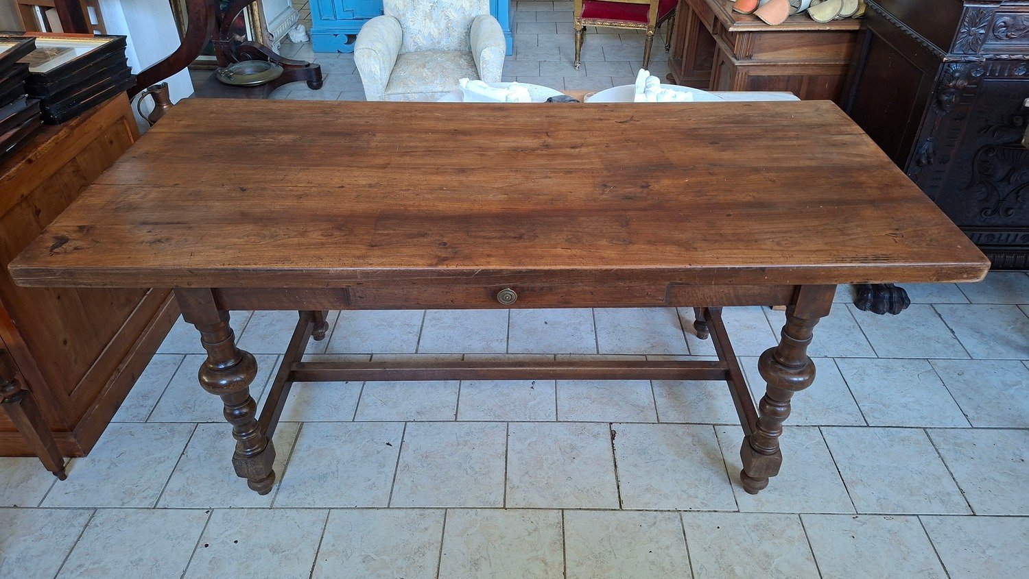 Italian Walnut Table with Turned Legs and Stretcher - JAA