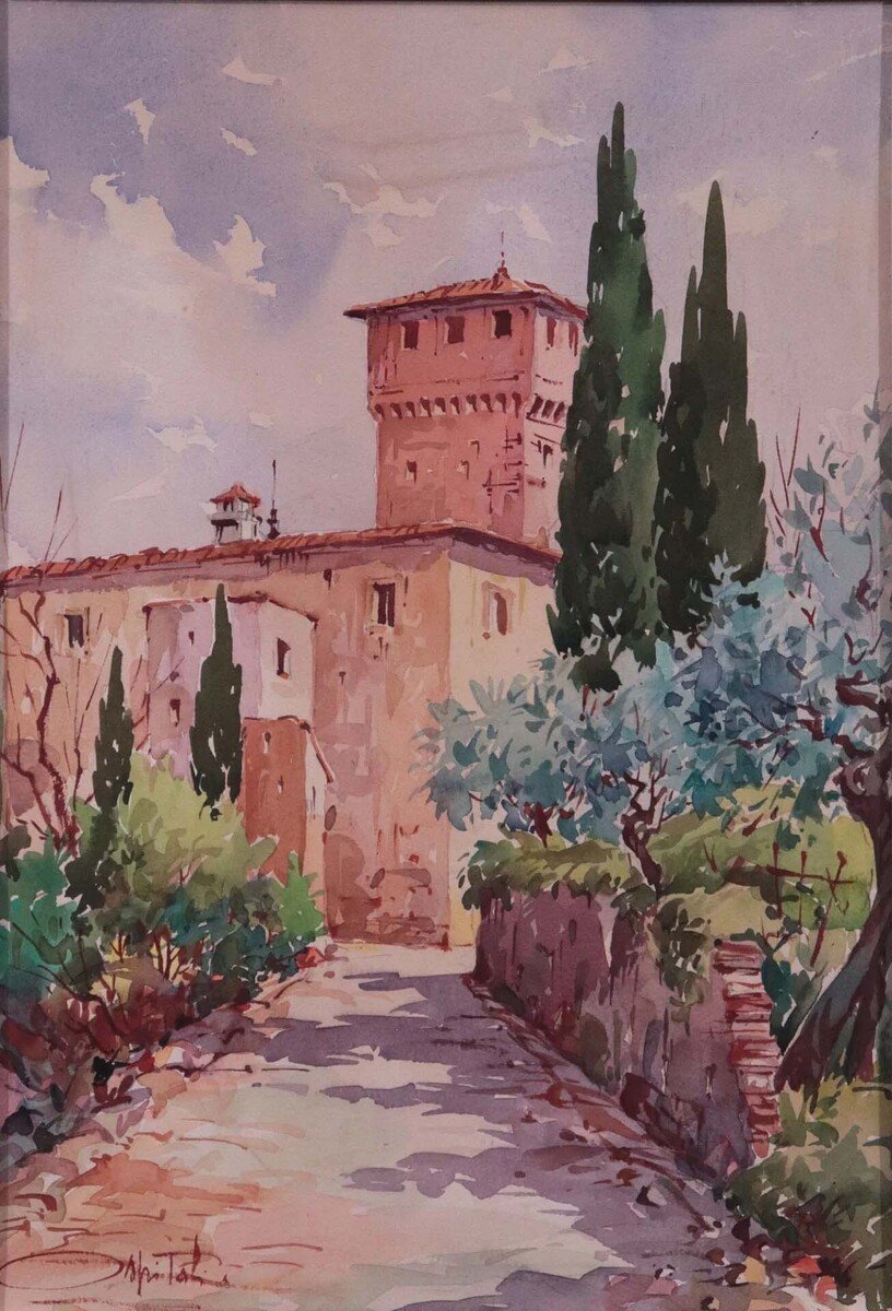 Tuscan Landscape, Watercolor, Giovanni Ospitali (b. 1927) - JAA