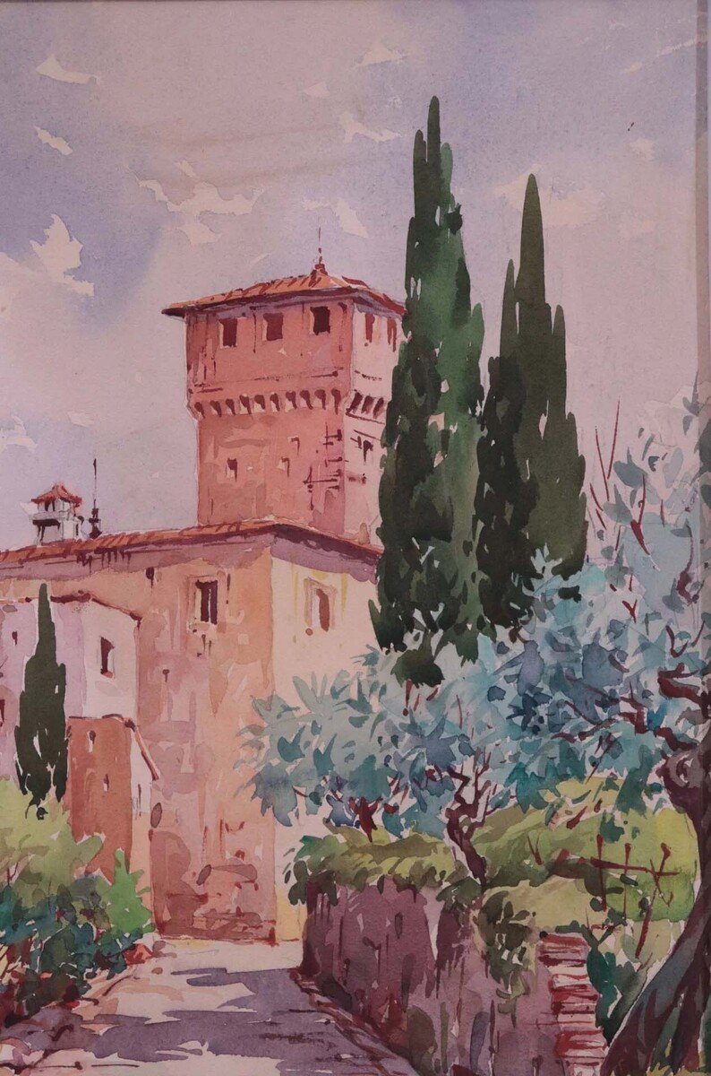 Tuscan Landscape, Watercolor, Giovanni Ospitali (b. 1927) - JAA