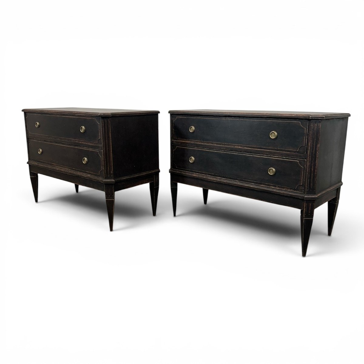 A classic pair of antique Gustavian-style chests of drawers in a warm and dark grey finish - JAA