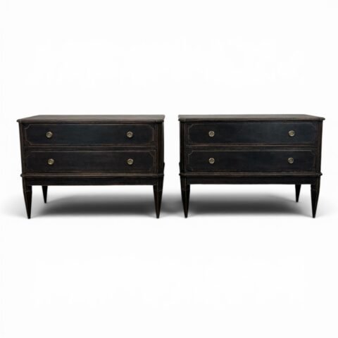 A classic pair of antique Gustavian-style chests of drawers in a warm and dark grey finish