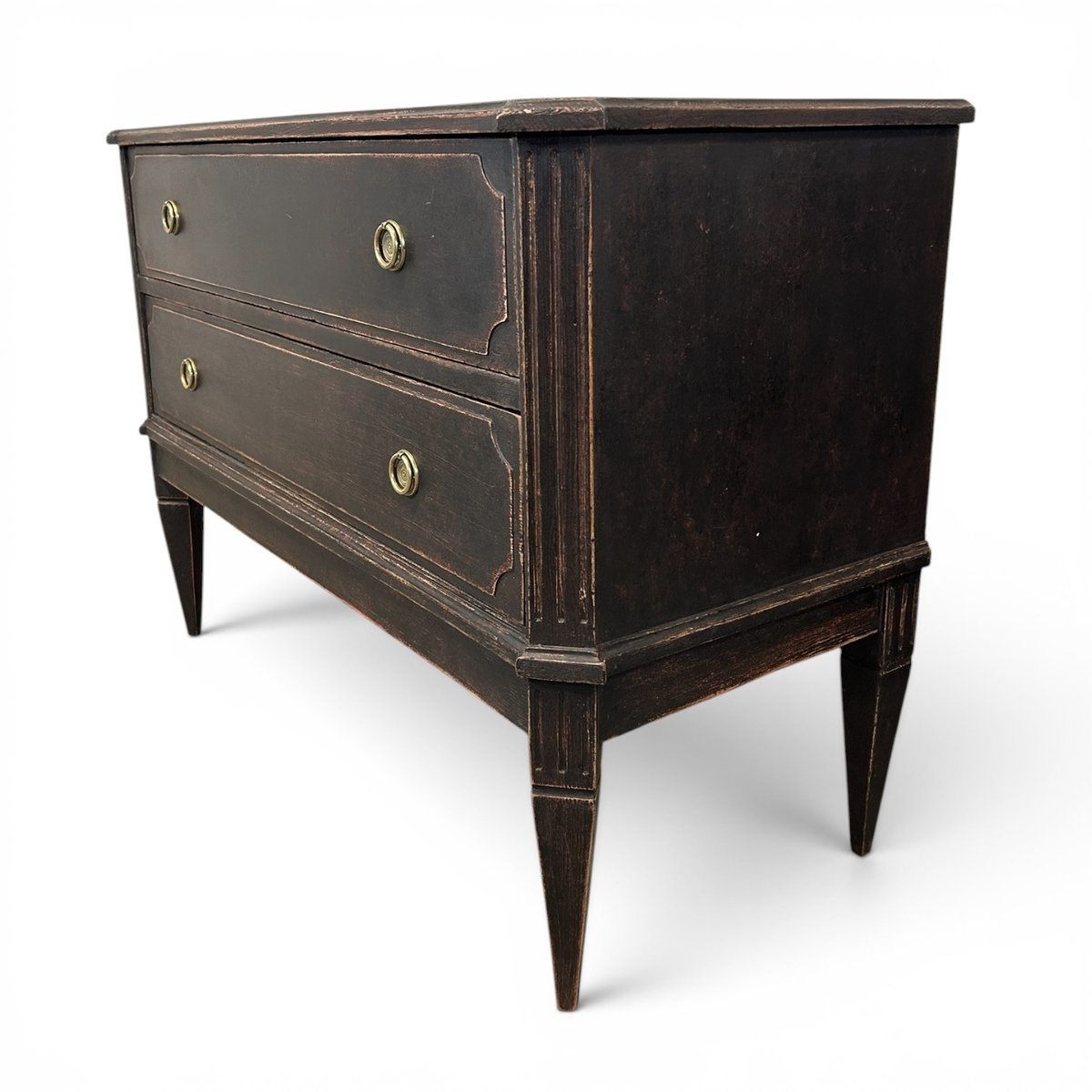 A classic pair of antique Gustavian-style chests of drawers in a warm and dark grey finish - JAA