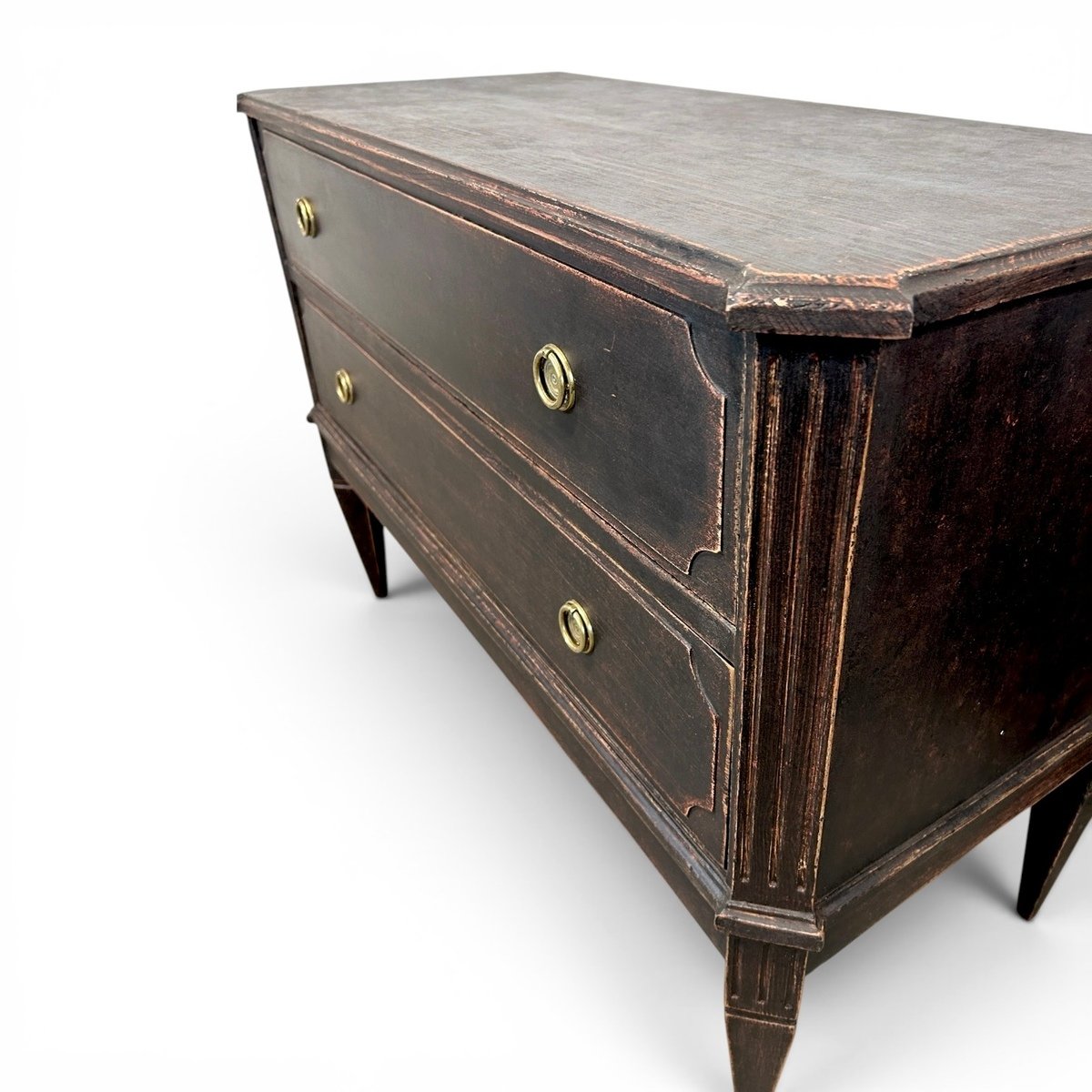 A classic pair of antique Gustavian-style chests of drawers in a warm and dark grey finish - JAA