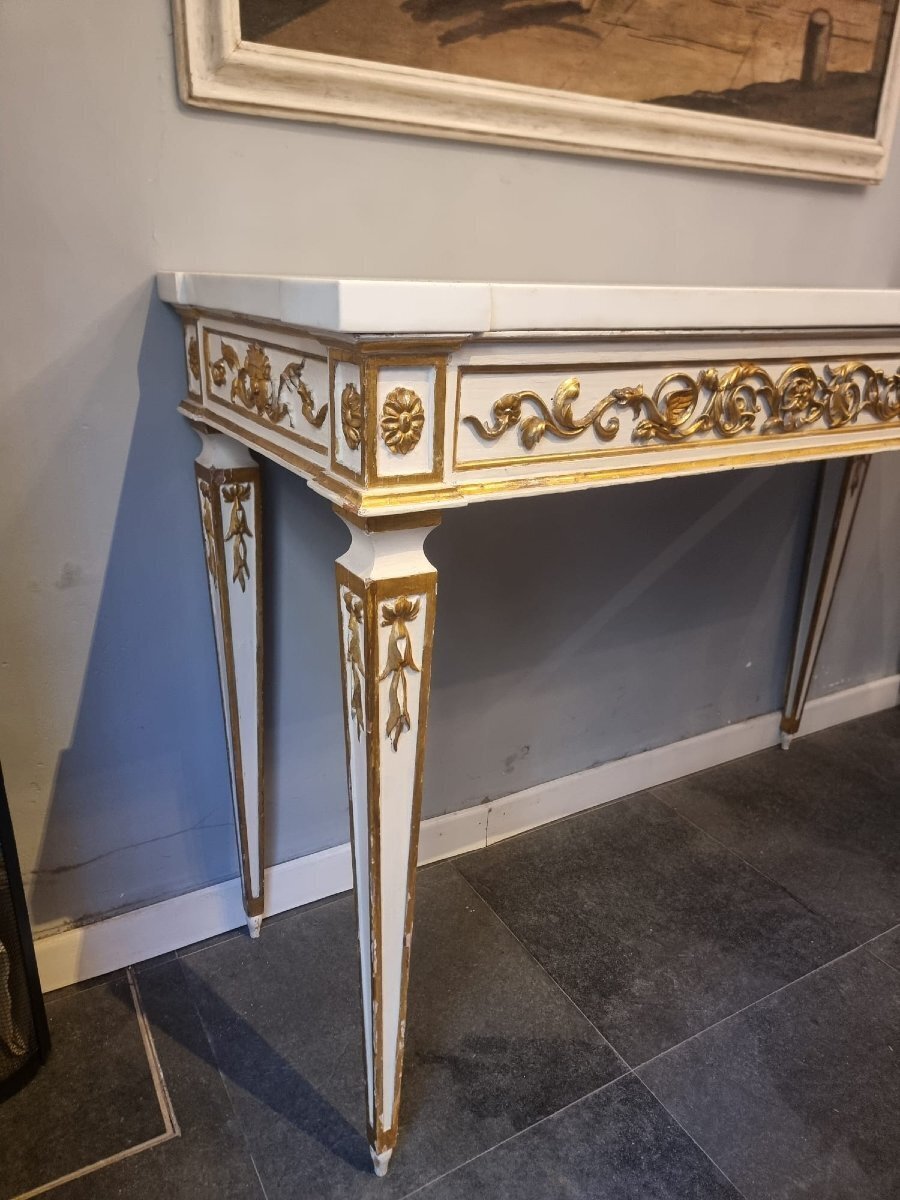 Pair of Italian Neoclassical White Lacquered and Giltwood Consoles - JAA