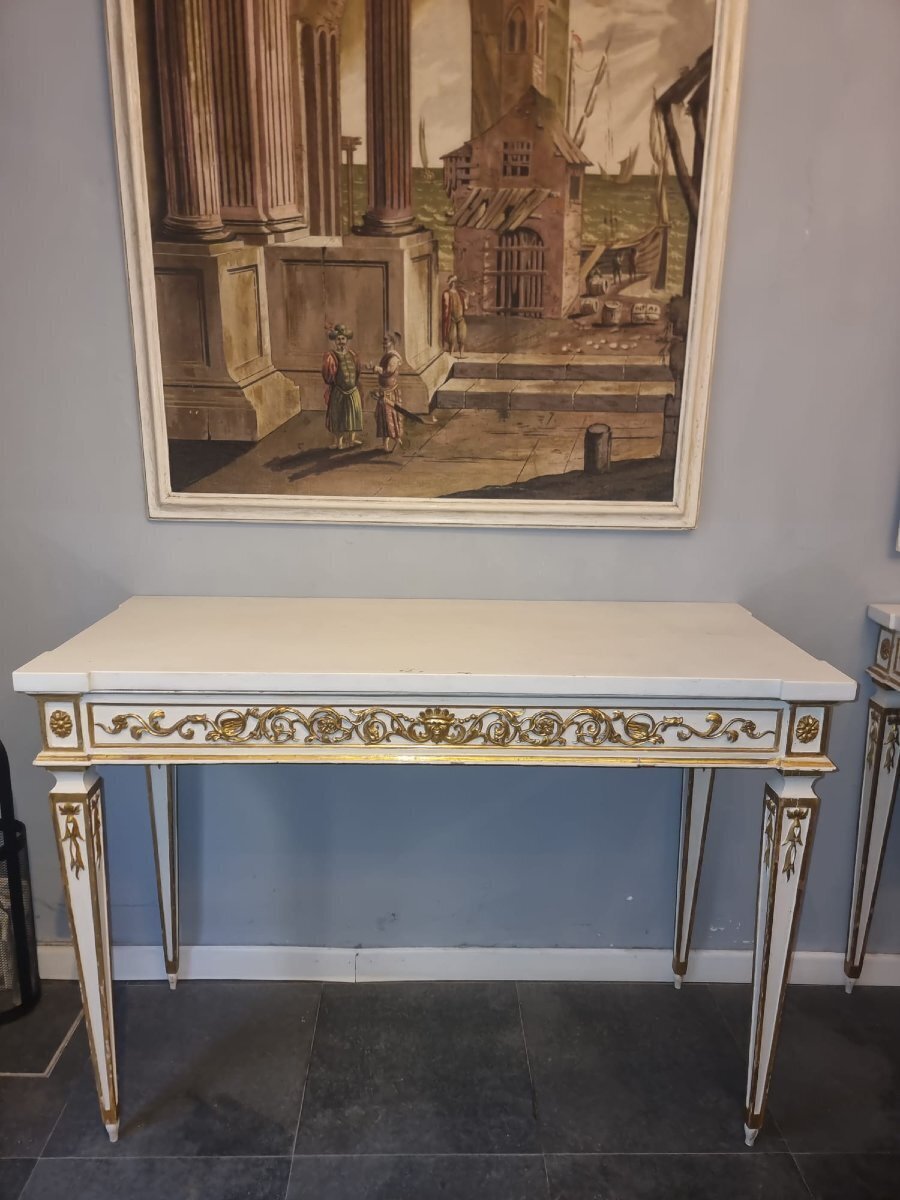 Pair of Italian Neoclassical White Lacquered and Giltwood Consoles - JAA