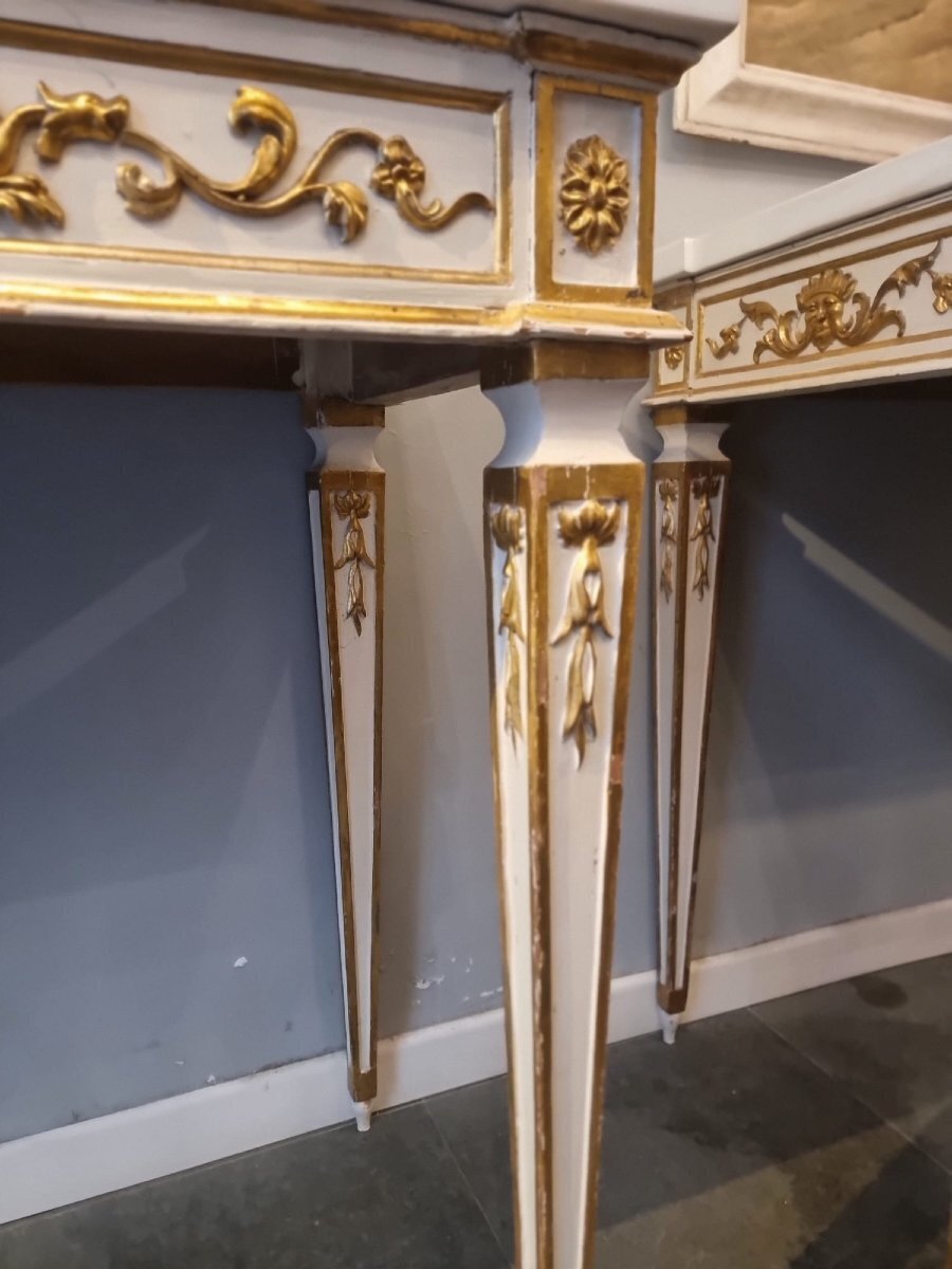 Pair of Italian Neoclassical White Lacquered and Giltwood Consoles - JAA