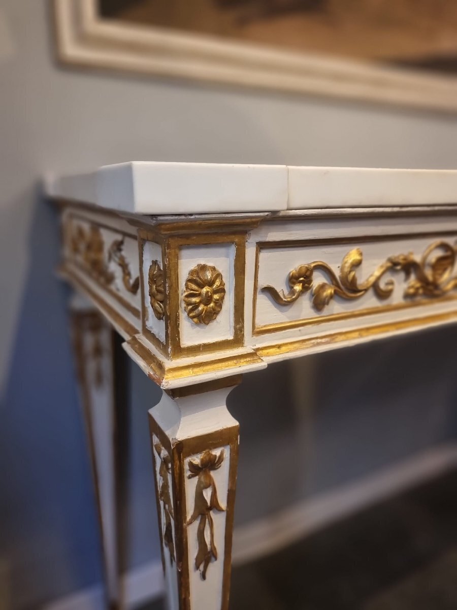 Pair of Italian Neoclassical White Lacquered and Giltwood Consoles - JAA