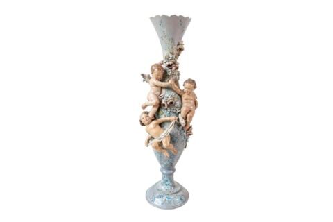 French 1870s Slender Majolica Vase with Floral Décor and High-Relief Cherubs