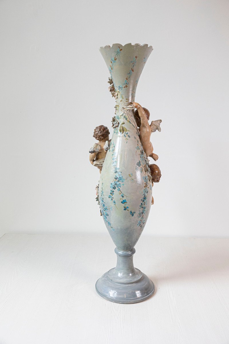 French 1870s Slender Majolica Vase with Floral Décor and High-Relief Cherubs - JAA