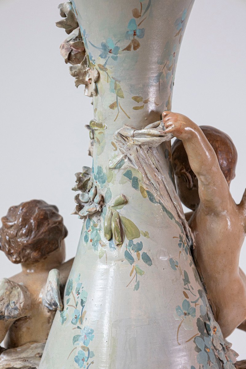 French 1870s Slender Majolica Vase with Floral Décor and High-Relief Cherubs - JAA