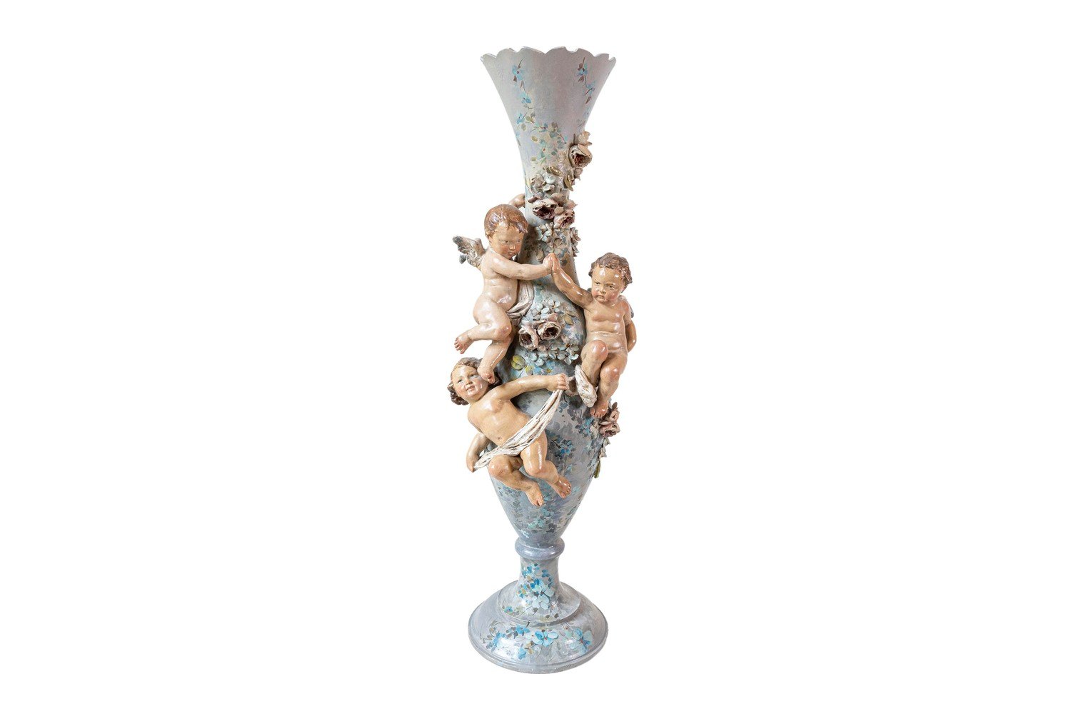French 1870s Slender Majolica Vase with Floral Décor and High-Relief Cherubs - JAA