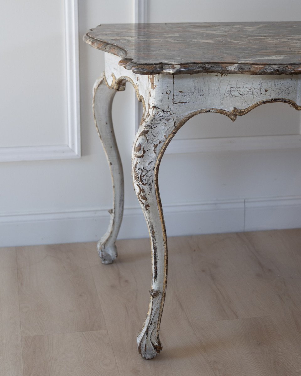 Italian 18th Century Painted Console Table with Shaped Breccia Marble Top - JAA
