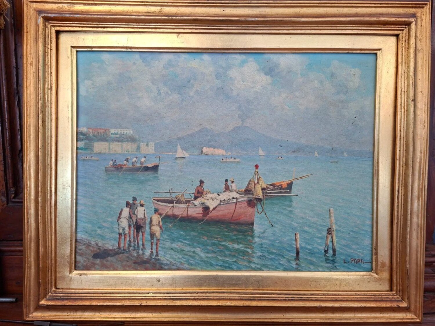 Neapolitan Marina with Vesuvius, Oil on Panel, 20th Century - JAA
