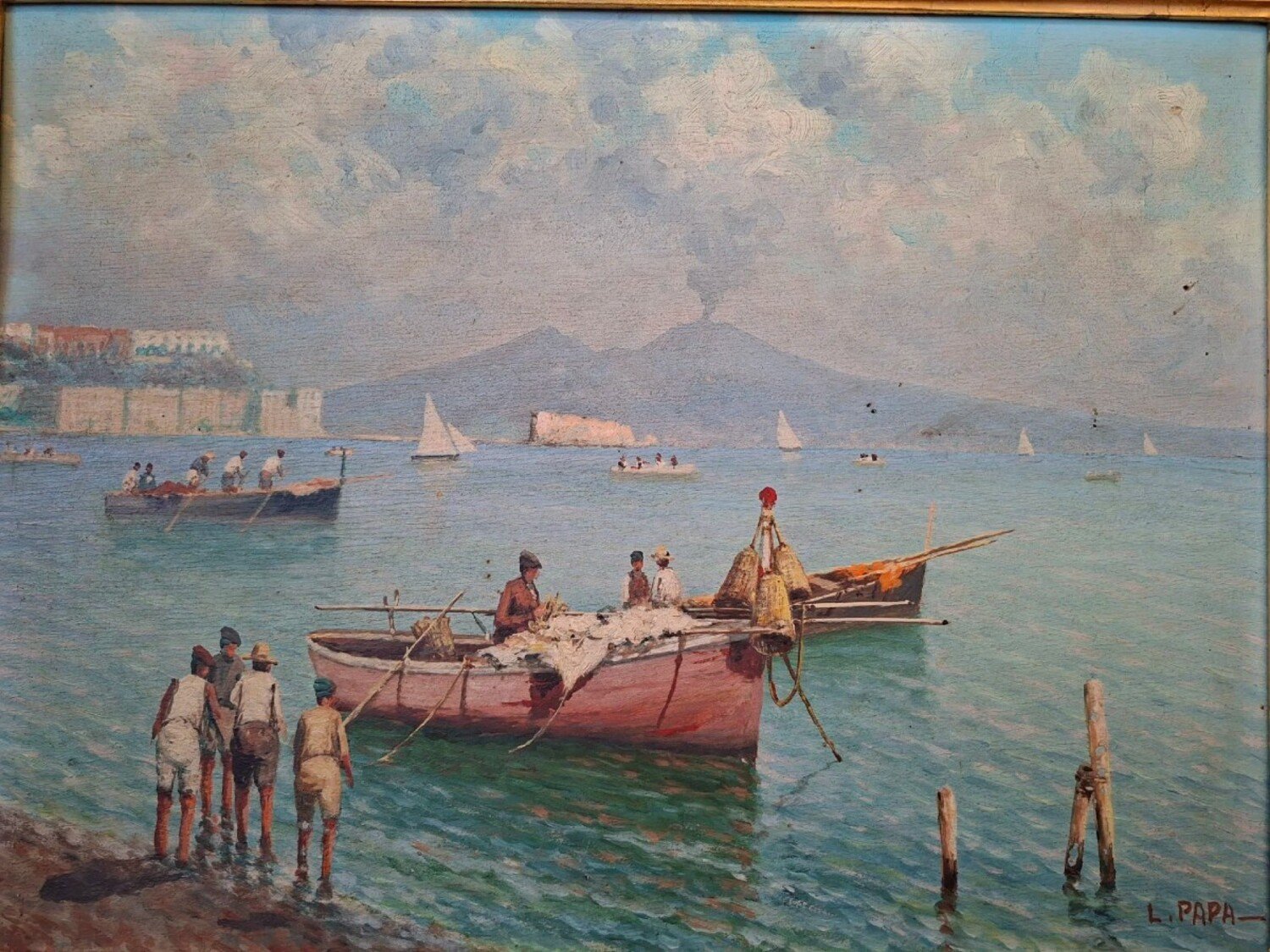 Neapolitan Marina with Vesuvius, Oil on Panel, 20th Century - JAA