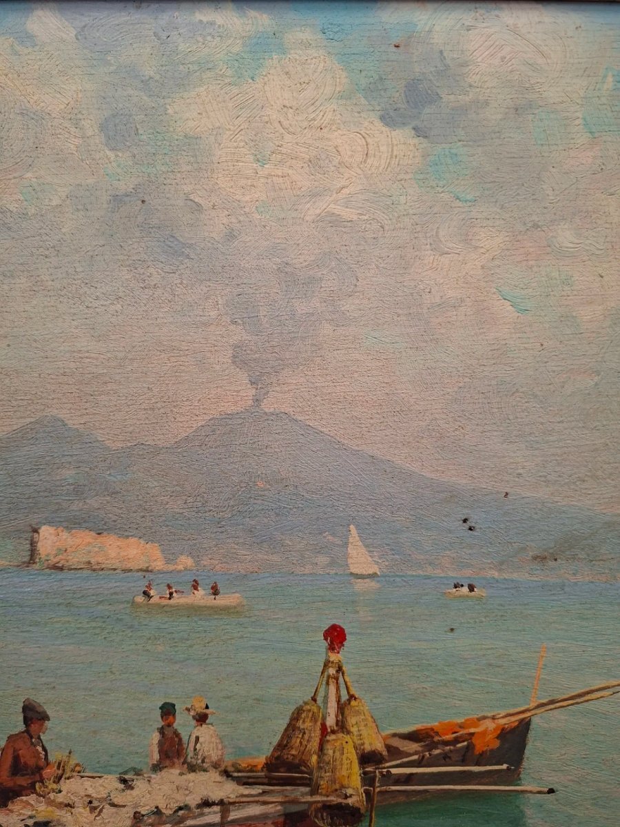 Neapolitan Marina with Vesuvius, Oil on Panel, 20th Century - JAA