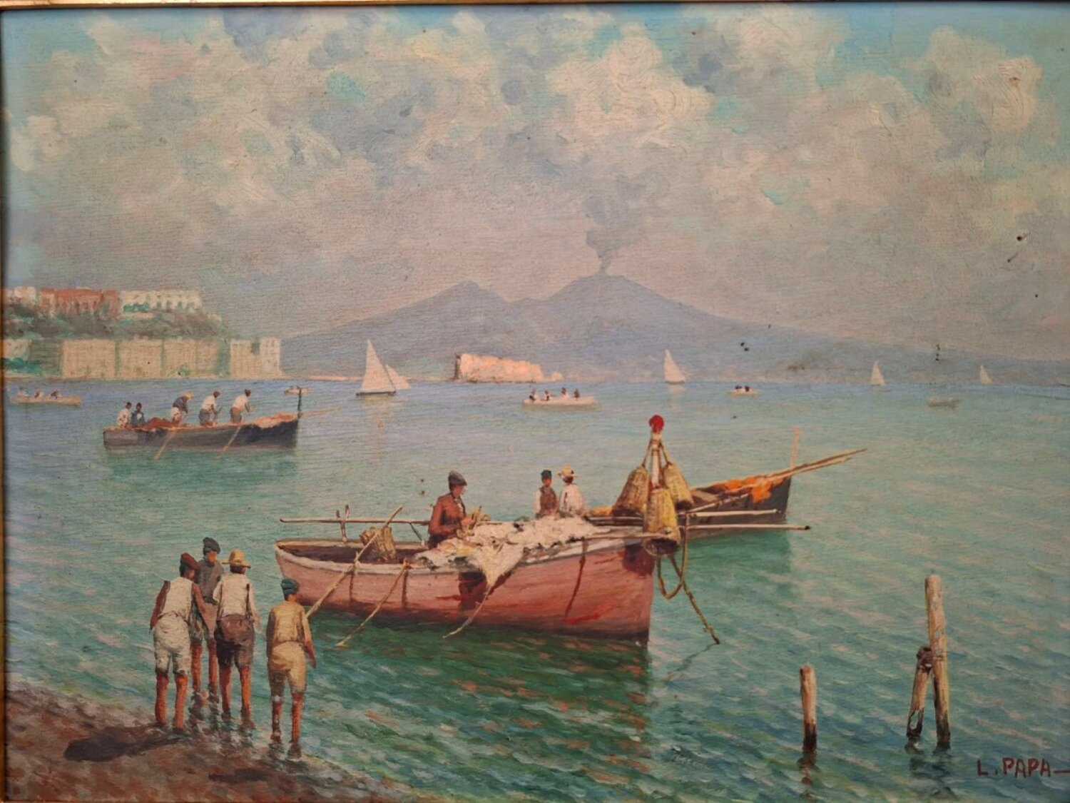 Neapolitan Marina with Vesuvius, Oil on Panel, 20th Century - JAA