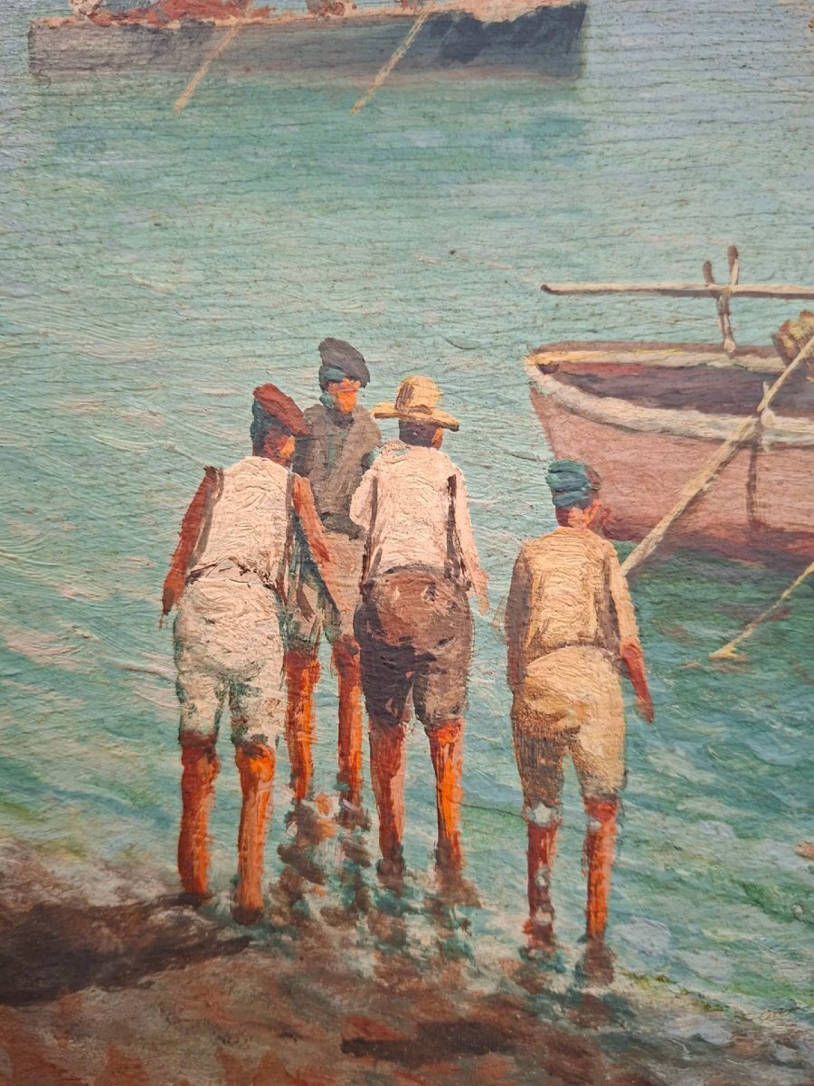 Neapolitan Marina with Vesuvius, Oil on Panel, 20th Century - JAA