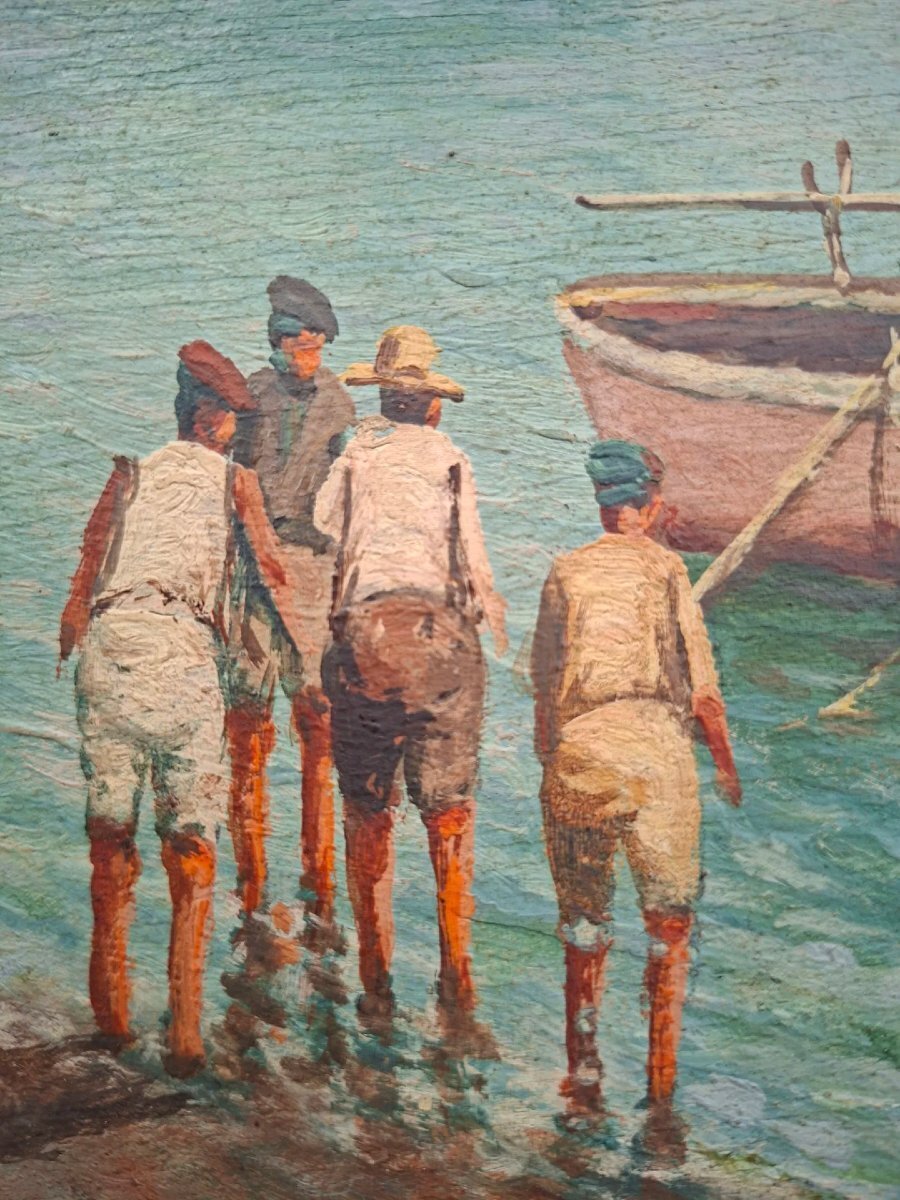 Neapolitan Marina with Vesuvius, Oil on Panel, 20th Century - JAA