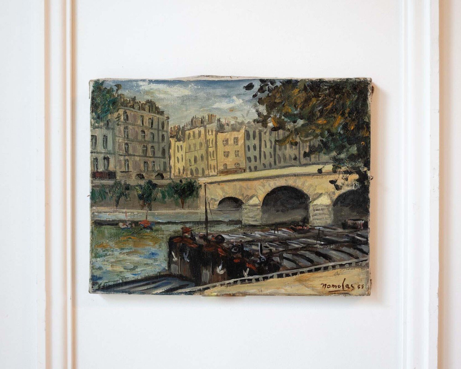 Quai de Paris, Oil on Canvas Signed Nomolas, Dated 1955 - JAA