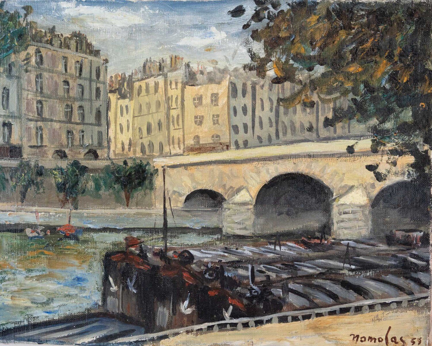 Quai de Paris, Oil on Canvas Signed Nomolas, Dated 1955 - JAA